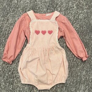 NWOT Busy Bee Smocks Pink Stripe bubble Romper french knot Hearts 3t